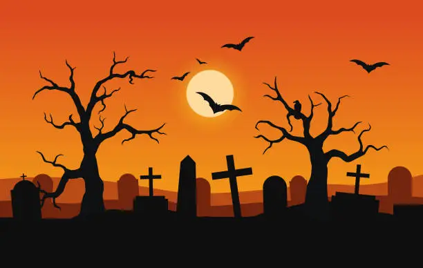 Vector illustration of Vector halloween landscape with silhouettes of scary trees, graves and flying bats with orange sky background and full moon