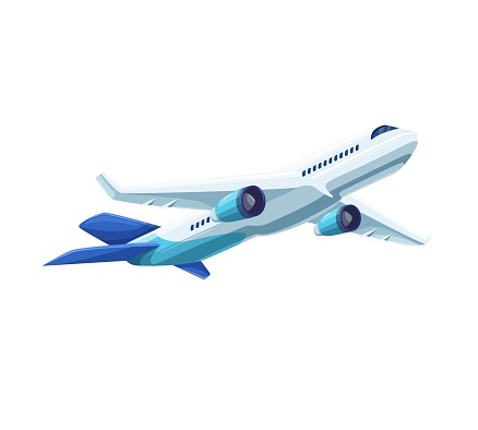 Plane take off vector illustration. Cartoon commercial jet with wings flying for cargo delivery, isolated aircraft taking off from airport to fly with passengers to summer holidays and vacation