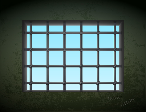 Window with metal prison bars in a prison cell. Vector illustration.