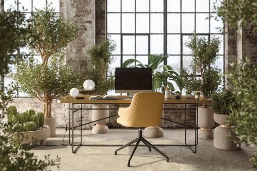 Environmentally Friendly Office Space With Table, Office Chair, Desktop Computer And Plants