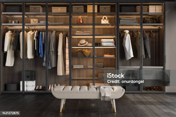 Closeup View Of Walkin Closet Bench And Wardrobe With Clothes Boxes Bags And Shoes Stock Photo - Download Image Now