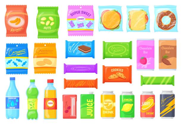 istock Vending products. Sandwich chips snacks packets, candy snack in wrapper package food bar machine, water drinks juice soda beverage crisp cracker packaging, neat vector illustration 1421277983