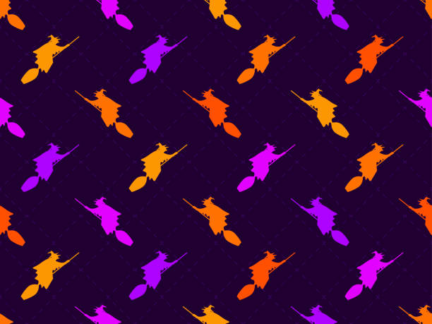 istock Witches on brooms seamless pattern. Silhouette of a witch on a broomstick in the festive colors of halloween. Design of advertising products, banners and posters. Vector illustration 1421280237