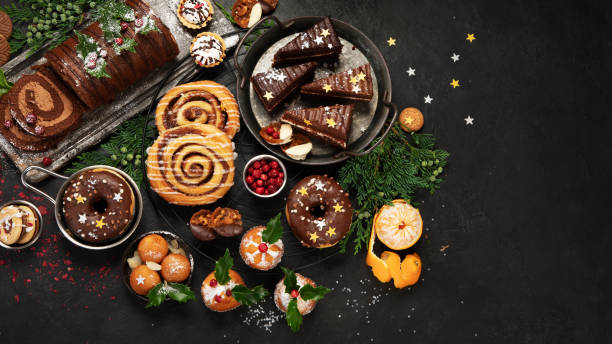 istock Traditional Christmas dessert on dark background. 1421280840