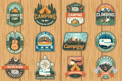 Set of camping badges icon Patch. Vector illustration. Concept for shirt or icon, print, stamp or tee. Vintage typography design with guitar, man in canoe, lake, compass, camper rv , tent and forest silhouette