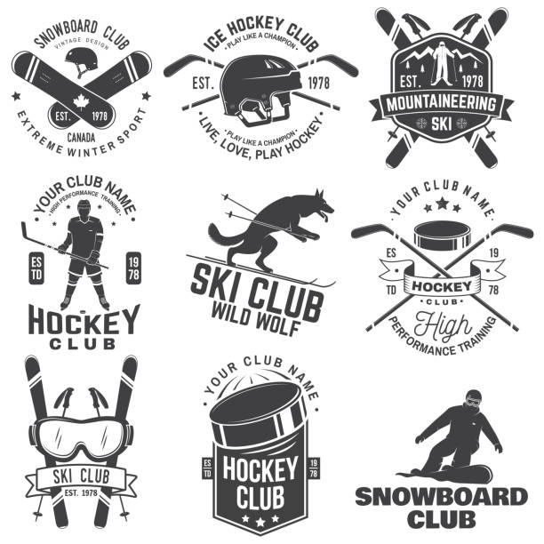 ilustraciones, imágenes clip art, dibujos animados e iconos de stock de emblema del club de hockey sobre hielo, esquí y snowboard. vector. concepto de camisa, estampado, sello, insignia. diseño de tipografía vintage con silueta de jugador de hockey sobre hielo, snowboarder y esquiador. deporte de invierno. - ice hockey illustrations