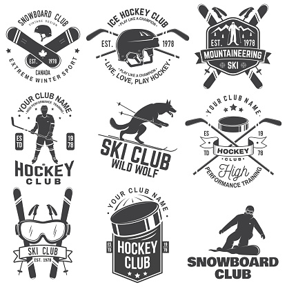 Ice Hockey, Ski and Snowboard Club emblem. Vector. Concept for shirt, print, stamp, badge. Vintage typography design with ice hockey player, snowboarder and skier silhouette. Winter sport