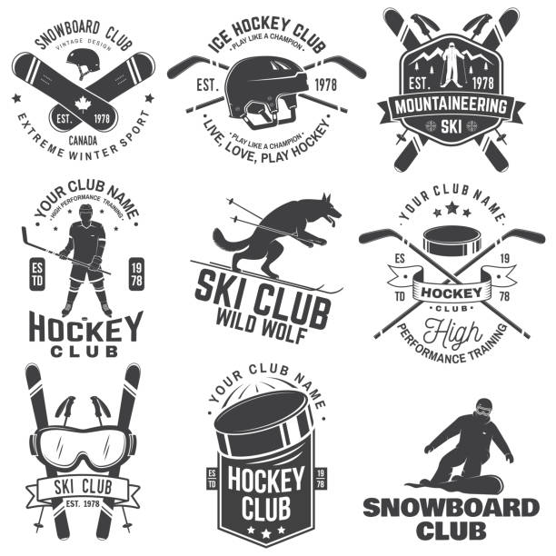 Ice Hockey, Ski and Snowboard Club emblem. Vector. Concept for shirt, print, stamp, badge. Vintage typography design with ice hockey player, snowboarder and skier silhouette. Winter sport. Ice Hockey, Ski and Snowboard Club emblem. Vector. Concept for shirt, print, stamp, badge. Vintage typography design with ice hockey player, snowboarder and skier silhouette. Winter sport ice hockey league stock illustrations