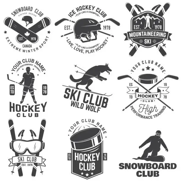 Vector illustration of Ice Hockey, Ski and Snowboard Club emblem. Vector. Concept for shirt, print, stamp, badge. Vintage typography design with ice hockey player, snowboarder and skier silhouette. Winter sport.