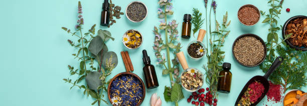 istock Alternative herbal medicine on green background. 1421282582