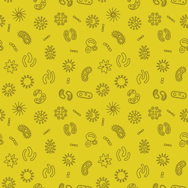 ilustrações de stock, clip art, desenhos animados e ícones de bacteria and viruses vector seamless pattern in thin line style - textile scientific experiment laboratory textile industry