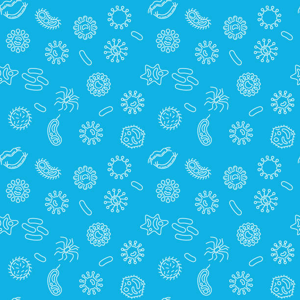 ilustrações de stock, clip art, desenhos animados e ícones de microbiology vector blue seamless pattern in thin line style - textile scientific experiment laboratory textile industry