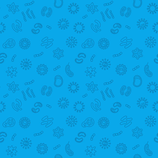 бесшовный микробиологический синий узор. векторная иллюстрация - textile scientific experiment laboratory textile industry stock illustrations