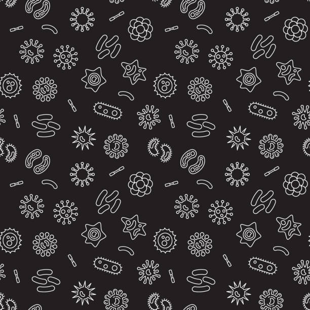 ilustrações de stock, clip art, desenhos animados e ícones de seamless vector pattern with outline bacteria icons - textile scientific experiment laboratory textile industry