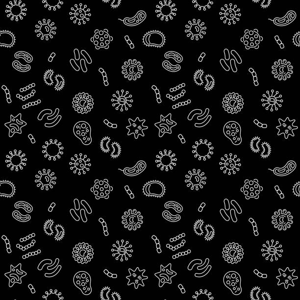 ilustrações de stock, clip art, desenhos animados e ícones de seamless vector pattern with virus, bacterium, pathogen icons - textile scientific experiment laboratory textile industry