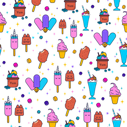 Seamless ice cream pattern of different kinds. Vector colorful ice cream on white background
