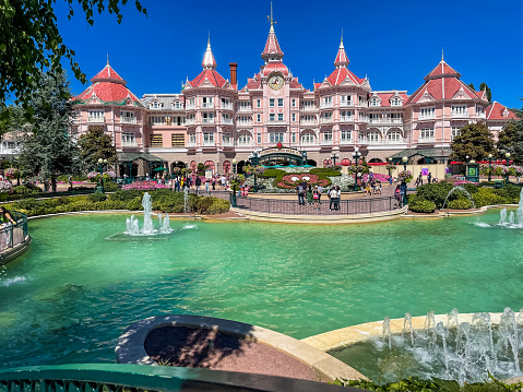 Coupvray, France - august 24, 2022 : the entrance to Disneyland Paris in France