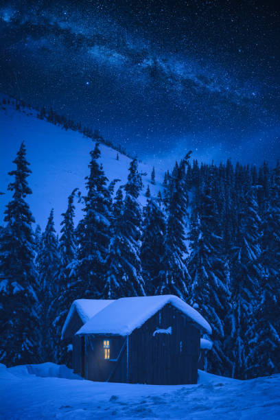 istock Snowcovered wooden house at night 1421285662