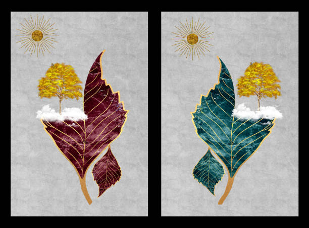 istock 3d Chinese landscape gray background golden sun tree leaf and white clouds. 1421287002