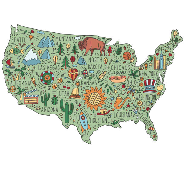 Hand drawn map of the United States. Concept of travel to the United States. Colored vector illustration. American symbols on the map. Hand drawn map of the United States. Concept of travel to the United States. Colored vector illustration. American symbols and landmarks on the map. famous american landmark drawing stock illustrations