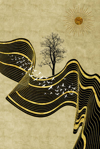 istock 3d mural wallpaper, black tree, wavy golden lines, sun, and white birds. for use on a wall frame 1421287497