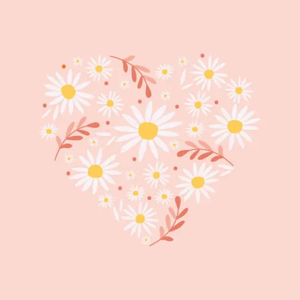 Vector illustration of Delicate flower vector illustration. Daisies in the shape of a heart. Small and large daisies together with branches and decor in the form of dots.