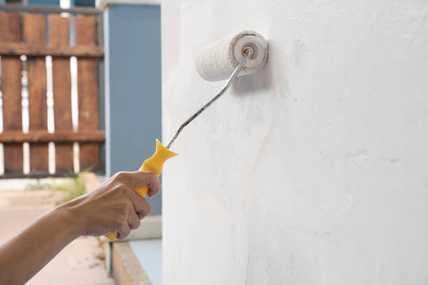 trabalhador de mão segurando escova pintura rolo branco na casa da parede, diy e conceito de reparo - paint brushing house painter wall - fotografias e filmes do acervo