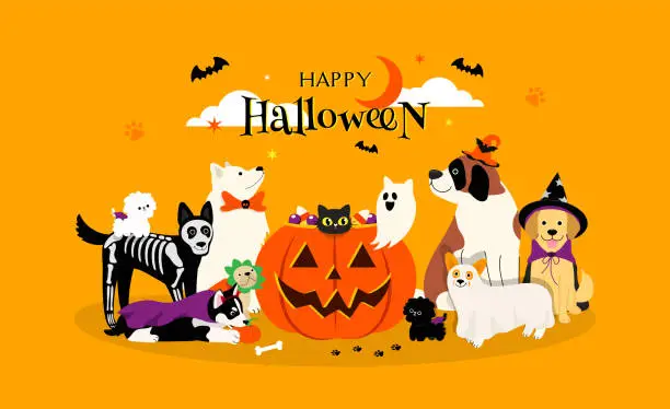 Vector illustration of Happy Halloween pet greeting card Vector illustration. Adorable dogs in Halloween costumes with big pumpkin