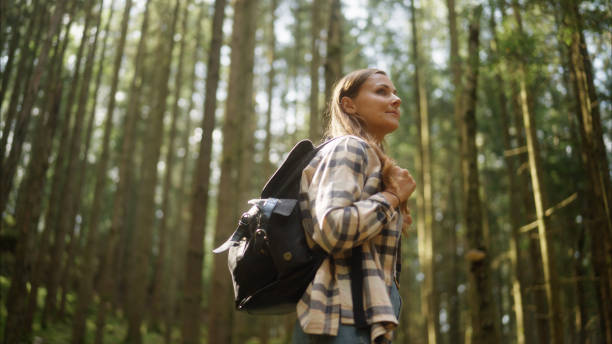 istock Woman with a backpack walking in a forest 1421294028