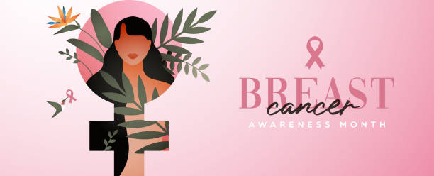 Breast Cancer awareness tropical woman banner Breast Cancer awareness month greeting card illustration of beautiful young woman face with tropical plant leaf decoration. October female health care event design. beast cancer awareness month stock illustrations