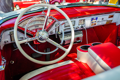 Falcon Heights, MN - June 17, 2022: Close up detail interior view of a 1956 Mercury Montclair Convertible at a local car show.