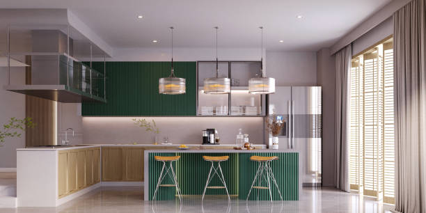 istock 3d rendering,3d illustration, Interior Scene and  Mockup,  modern kitchen and dining room,wood and green kitchen. 1421296597