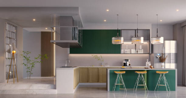 istock 3d rendering,3d illustration, Interior Scene and  Mockup,  modern kitchen and dining room,wood and green kitchen. 1421296610