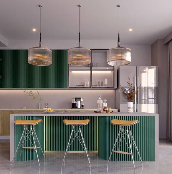 istock 3d rendering,3d illustration, Interior Scene and  Mockup,  modern kitchen and dining room,wood and green kitchen. 1421296611