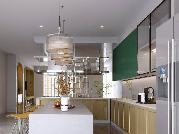 istock 3d rendering,3d illustration, Interior Scene and  Mockup,  modern kitchen and dining room,wood and green kitchen. 1421296637