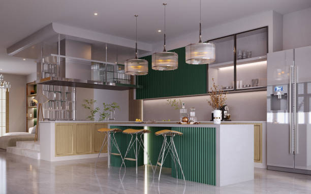 istock 3d rendering,3d illustration, Interior Scene and  Mockup,  modern kitchen and dining room,wood and green kitchen. 1421296640