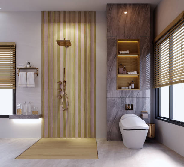 istock 3d rendering,3d illustration, Interior Scene and  Mockup,Modern bathroom with bathtub,bathroom Wood sinks and mirror,There is a skylight on the ceiling, large windows, natural light entering the room. 1421296661