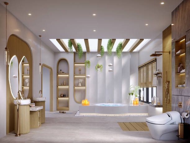 istock 3d rendering,3d illustration, Interior Scene and  Mockup,Modern bathroom with bathtub,bathroom Wood sinks and mirror,There is a skylight on the ceiling, large windows, natural light entering the room. 1421296664