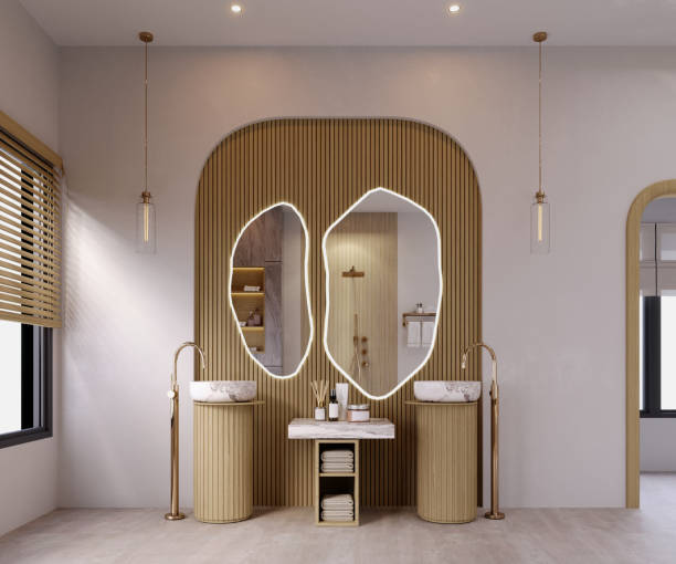 istock 3d rendering,3d illustration, Interior Scene and  Mockup,Modern bathroom with bathtub,bathroom Wood sinks and mirror,There is a skylight on the ceiling, large windows, natural light entering the room. 1421296669