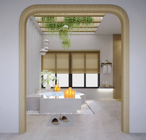 istock 3d rendering,3d illustration, Interior Scene and  Mockup,Modern bathroom with bathtub,bathroom Wood sinks and mirror,There is a skylight on the ceiling, large windows, natural light entering the room. 1421296677