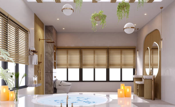 istock 3d rendering,3d illustration, Interior Scene and  Mockup,Modern bathroom with bathtub,bathroom Wood sinks and mirror,There is a skylight on the ceiling, large windows, natural light entering the room. 1421296703
