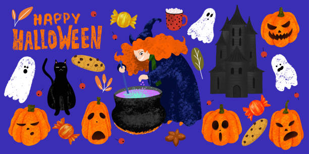 набор предметов на хэллоуин. счастливый хэллоуин надписи, ведьма готовит зелье в котле, тыквы - kitchen utensil gourd pumpkin magical equipment stock illustrations