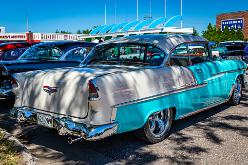 Falcon Heights, MN - June 17, 2022: High perspective rear corner view of a 1955 Chevrolet BelAir Hardtop Coupe at a local car show.