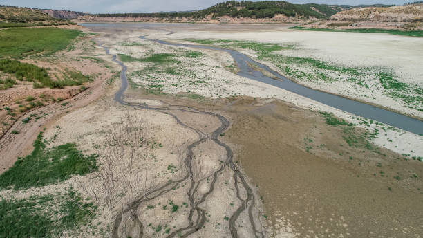 Aerial view of dry land texture in southern Europe. Global warming and greenhouse effect. stock photo