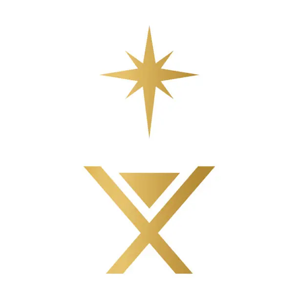 Vector illustration of christmas navity scene, manger and Star of Bethlehem golden icon