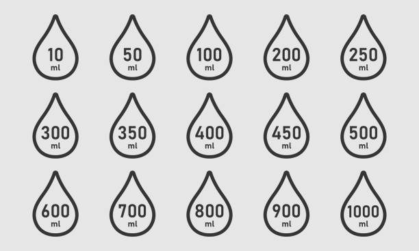 ilustraciones, imágenes clip art, dibujos animados e iconos de stock de conjunto de iconos de medida de línea de volumen. una gota de líquido con un valor entre 10 y 1000 mililitros. símbolos de capacidad del agua. báscula para líquido o ingrediente. significado de hidratación. ilustración vectorial - consumption scale