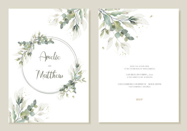 ilustraciones, imágenes clip art, dibujos animados e iconos de stock de tarjeta de invitación de boda arustic con hojas verdes de acuarela. vector - wedding