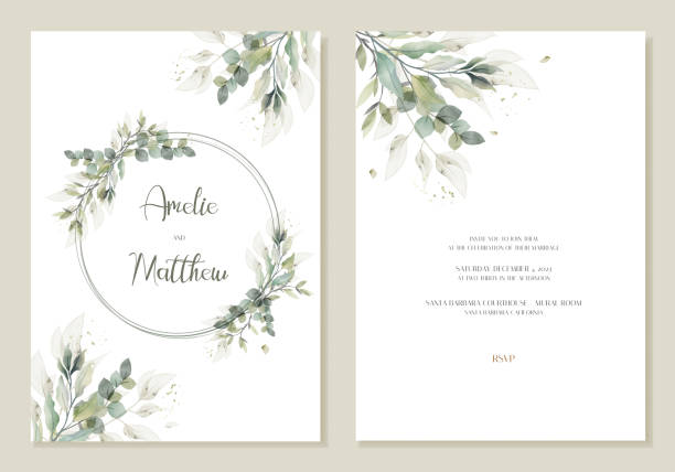 ilustrações, clipart, desenhos animados e ícones de cartão de convite de casamento arustic com folhas verdes aquarelas. vetor - wedding invitation illustrations