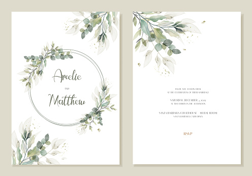 Rustic wedding invitation card with watercolour green leaves. Vector