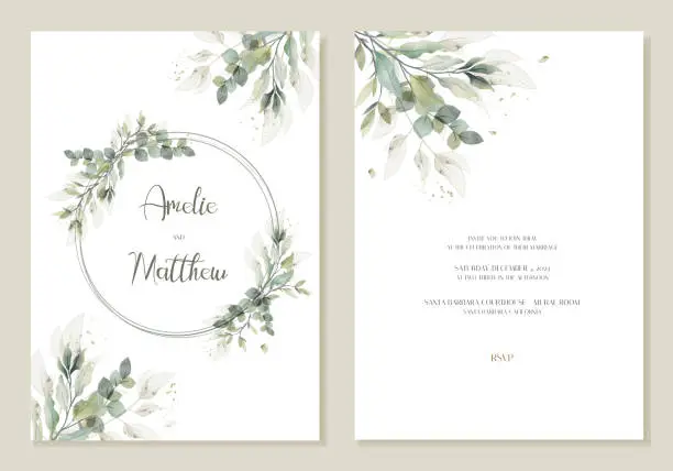 Vector illustration of ARustic wedding invitation card with watercolour green leaves. Vector
